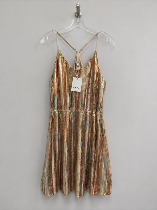 Fate Dresses & Skirts - Fate Gold and Multicolor Metallic Stripe Sequin Slip Dress